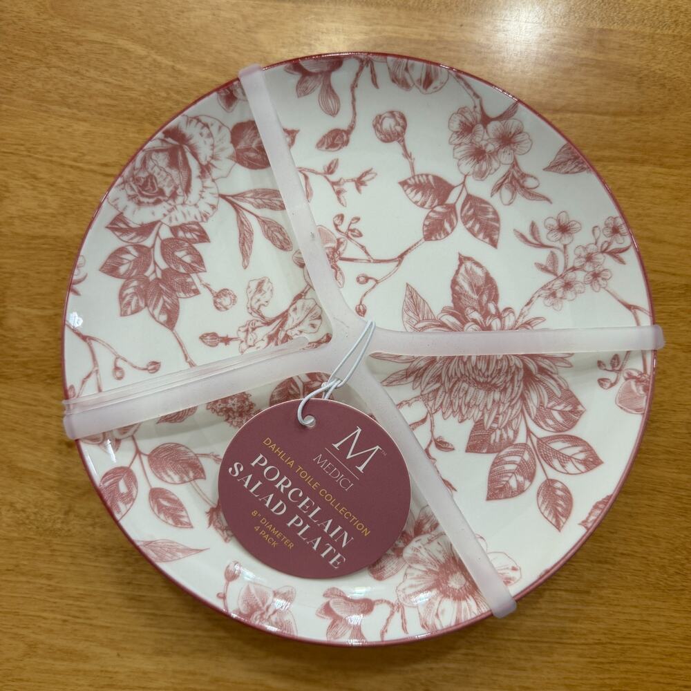 Medici Dahlia Toile Porcelain Salad Plates 8" Vintage Pink White Set of 4 NWT